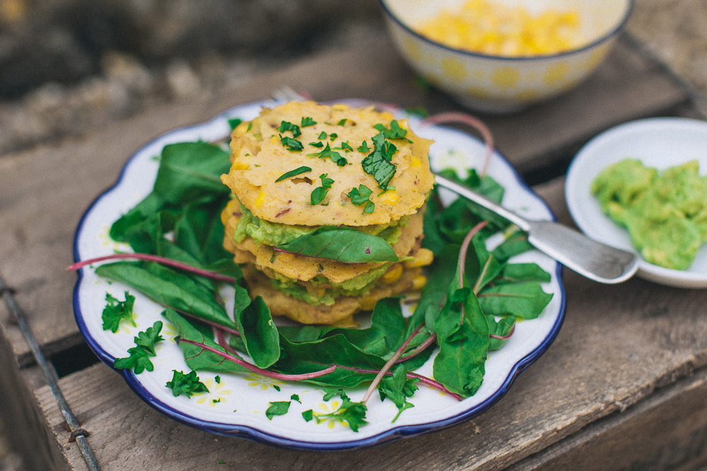 Corn Fritter Stack With Avocado Smash