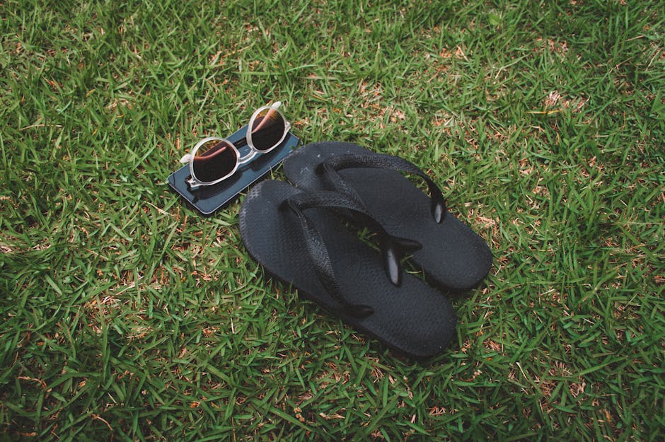 Casual black flip-flops and sunglasses resting on a lush green lawn on a sunny day.