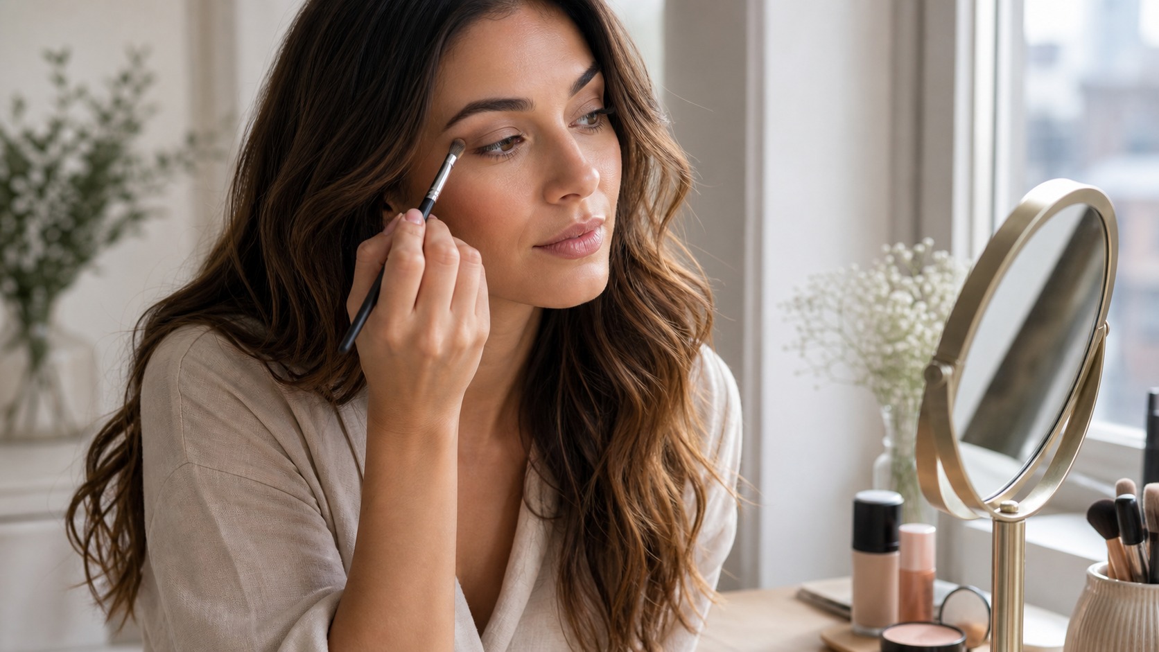 soft eye makeup at a bright vanity